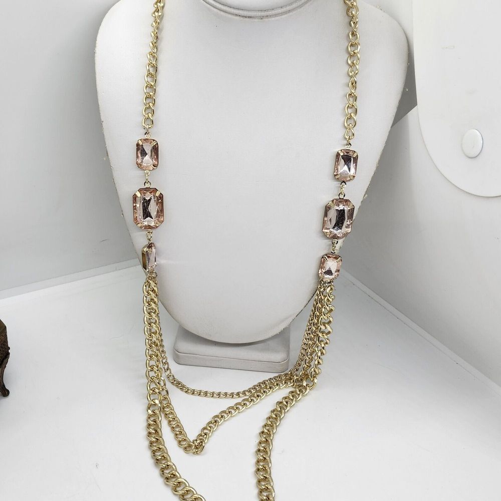 Gold Tone Layered Chain Necklace With‎ Pink Rhinestones